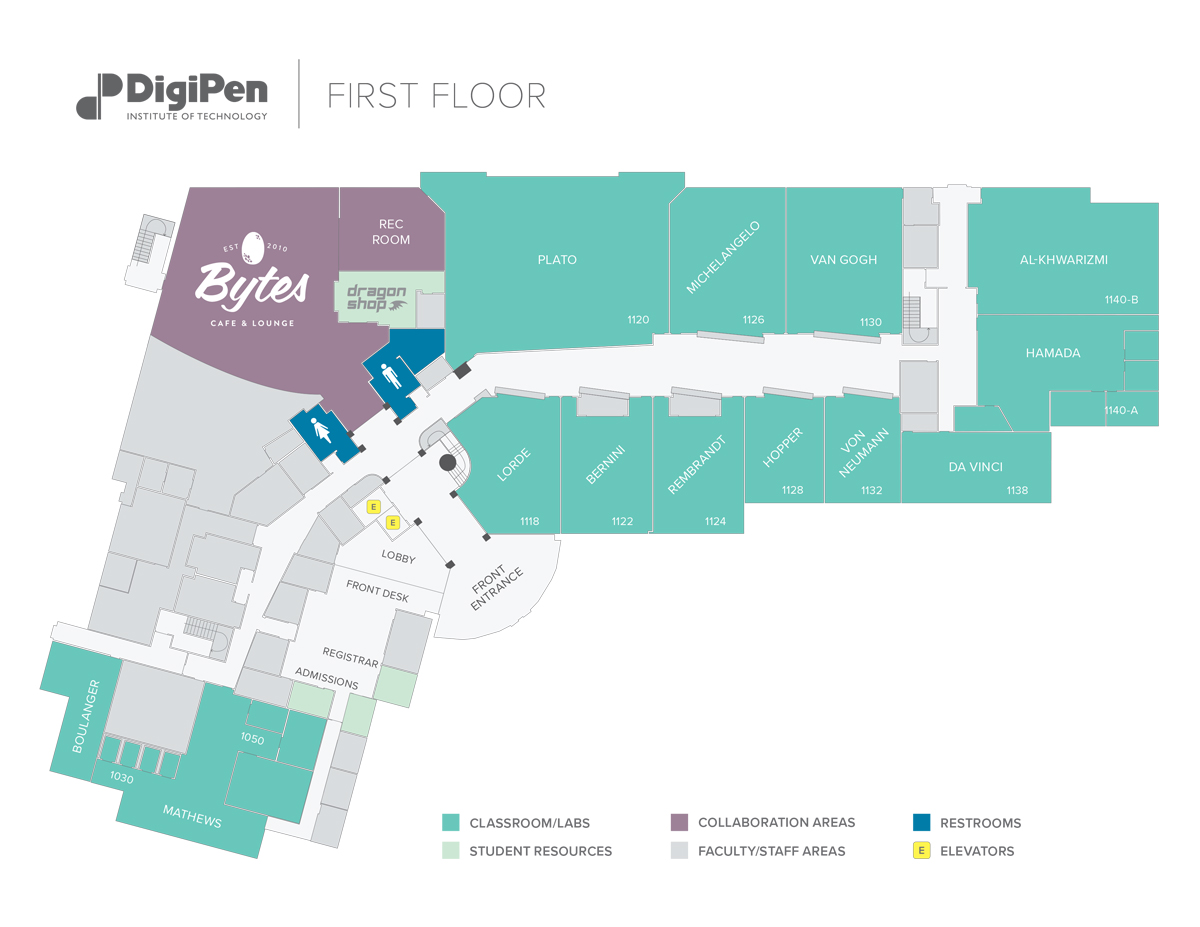 Map of the first floor of the DigiPen building in Redmond, WA