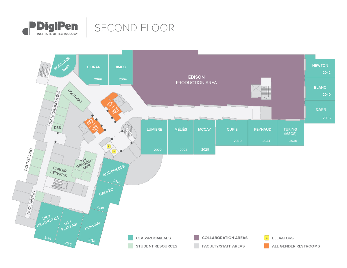 Map of the second floor of the DigiPen building in Redmond, WA