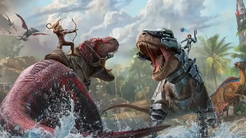 Two dinosaurs with human warriors mounted on them roar at one another in the ARK survival game series.