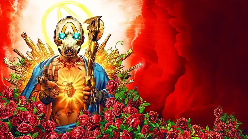 A man with glowing blue eyes and a hand grenade tattoo is surrounded by roses and guns in the style of a religious icon.