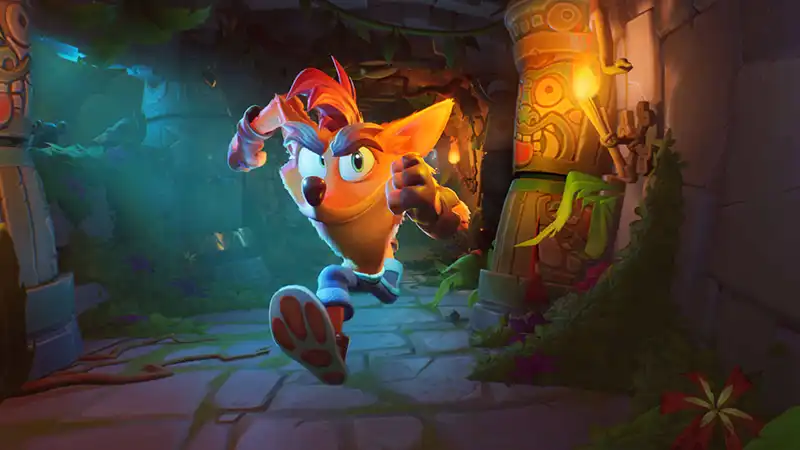 A screenshot from Crash Bandicoot 4: It’s About Time depicting Crash running down a temple hallway.