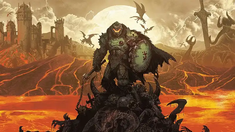 The armored Doomguy holds a flail and shield amid a medieval, hellish landscape.