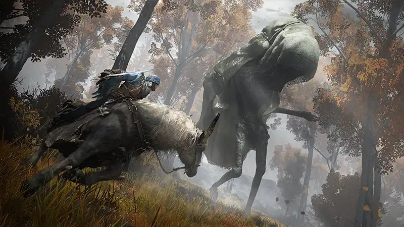 A sword-wielding hero on a horse strafes a tall spectral beast.