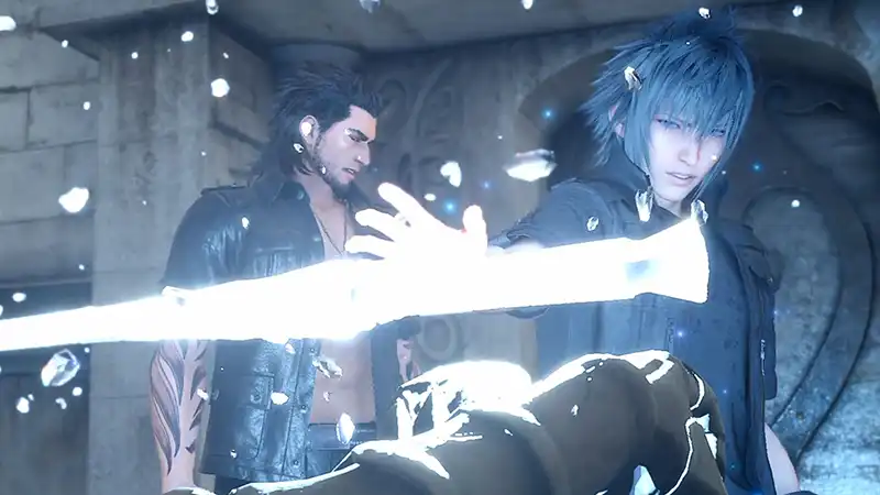 Screenshot from Final Fantasy 15, featuring main character Noctis Lucis Caelum and his friends.