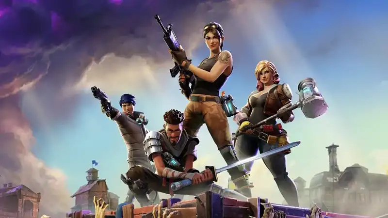 Fortnite characters pose heroically atop a built structure framed by dark clouds and scattered sun rays.