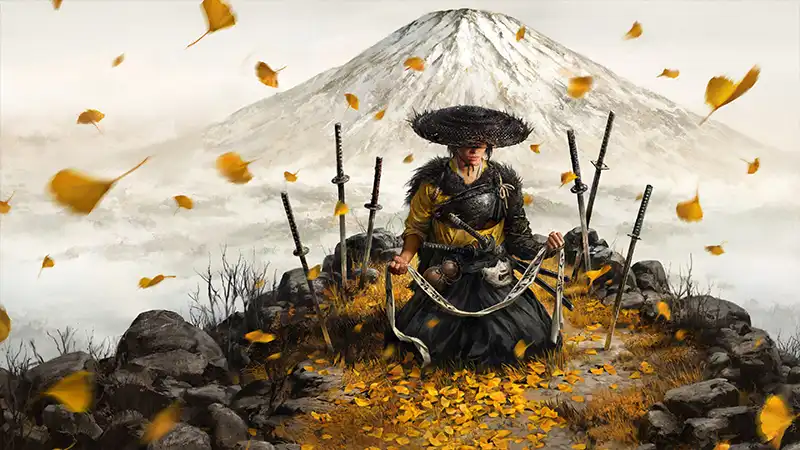 A samurai surrounded by swords kneels in front of Mount Yotei while holding a cloth.