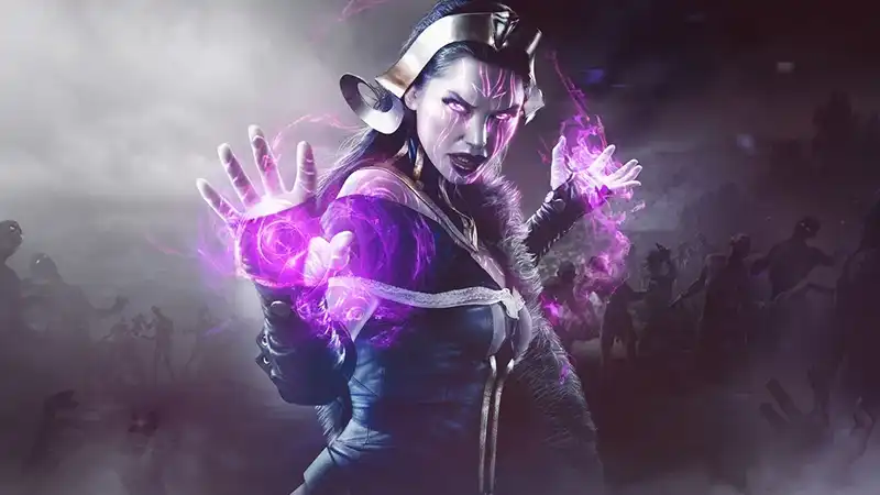 A dark, desaturated image of a necromancer surrounded by zombies as she summons magical, purple energy from her hands.