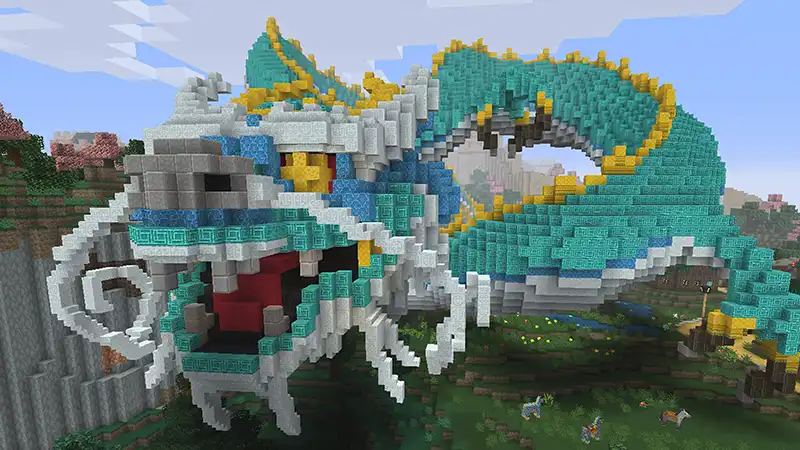 Screenshot of a huge Chinese-style dragon made out of blocks from Minecraft.