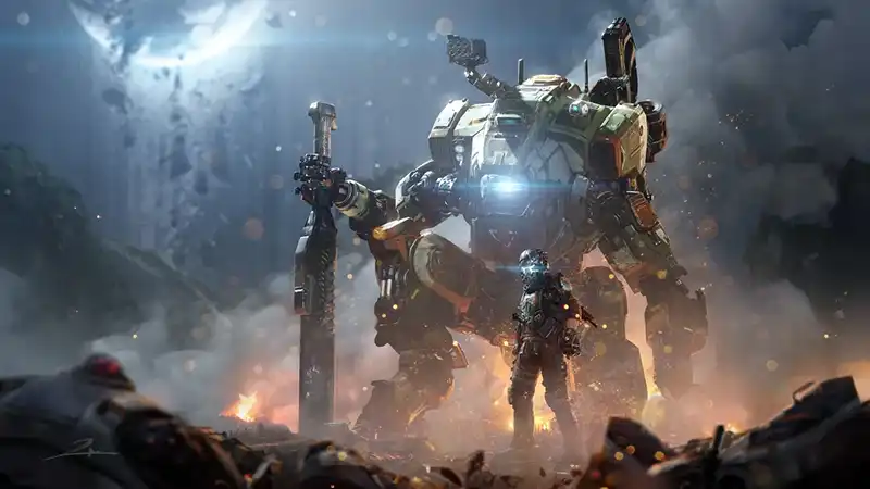 Concept art from Titanfall 2 of a Titan, a huge robot-like exoskeleton, wall running next to its pilot in a futuristic city.