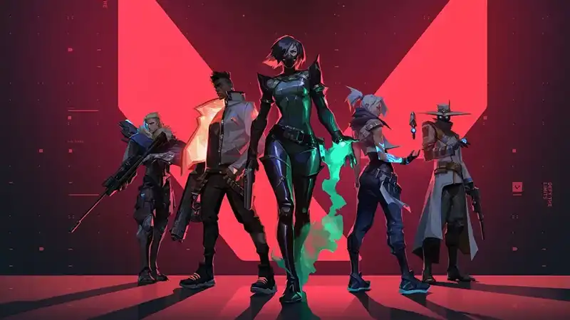 An illustration of five weapon-wielding heroes from the game Valorant, posing on a red background.