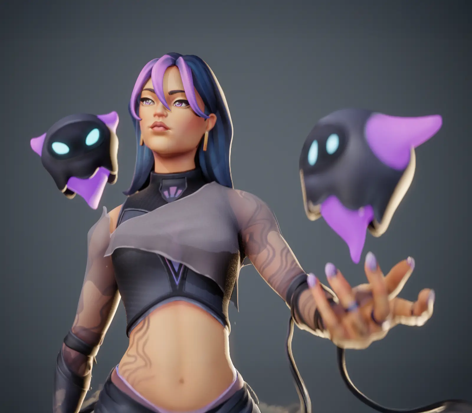 A 3D model of two floating creatures and a woman with purple hair.