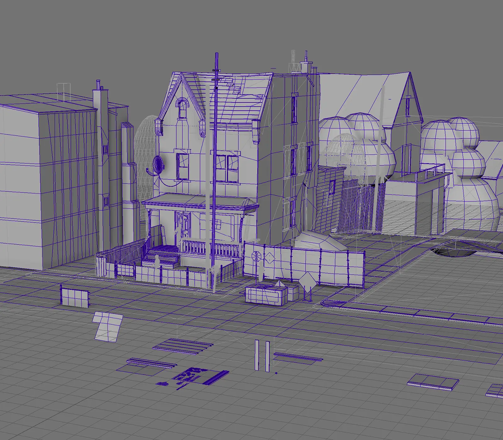 A wireframe 3D model of a two-story house and a front yard.
