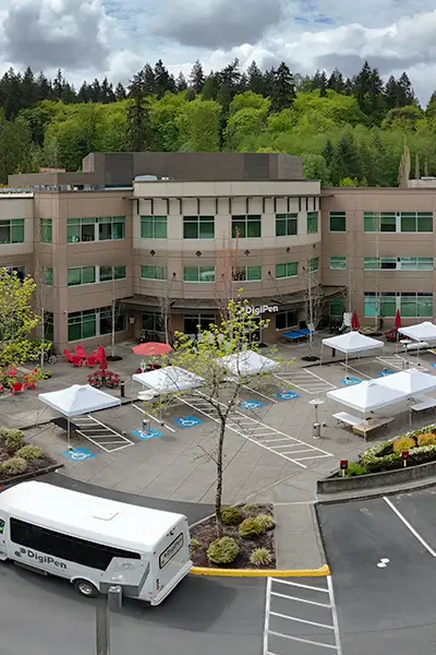 Exterior high angle photo of DigiPen's main building.