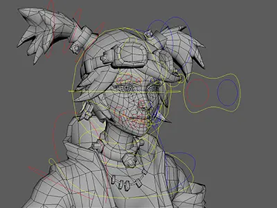A wireframe 3D model of a girl with pigtails.