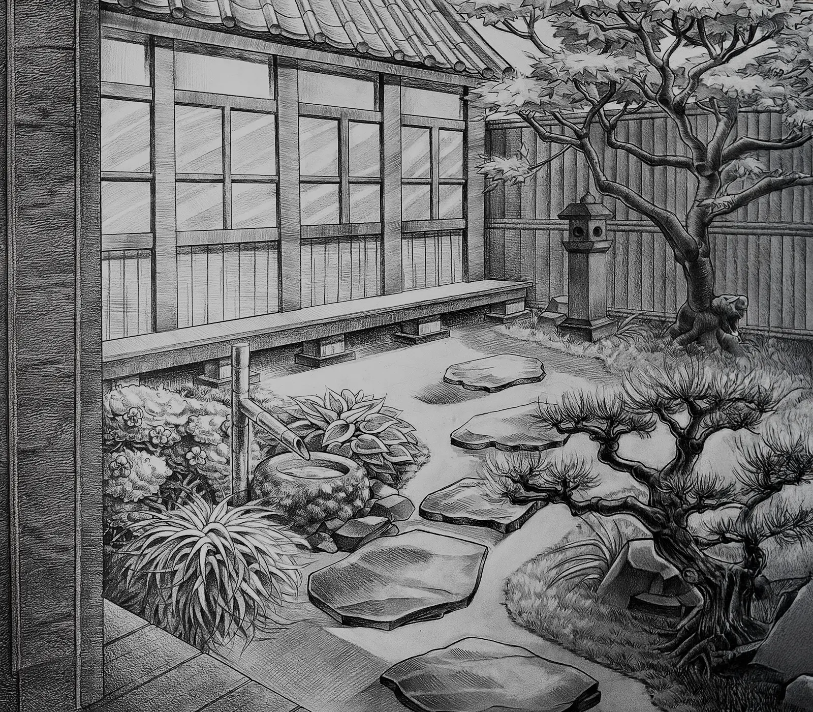 A black and white sketch of a Japanese tsubo niwa, a small outdoor courtyard within the home.