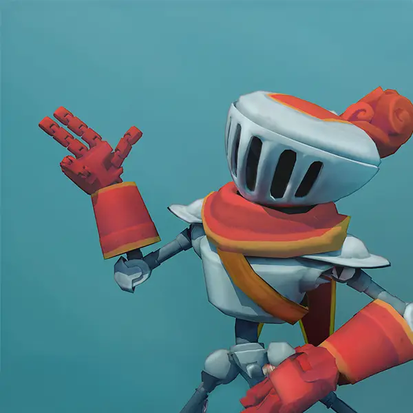 A robot knight from the DigiPen student game Excalibots extends his hand in a saluting wave.
