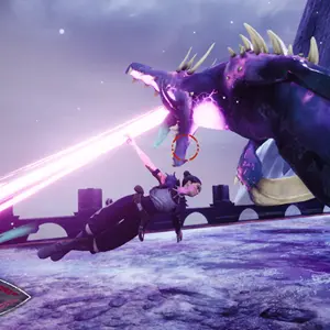 Cyrah dashes past a large spiky enemy shooting a beam from its mouth.