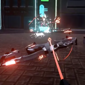 First-person view of a neon bow aimed at a robot.