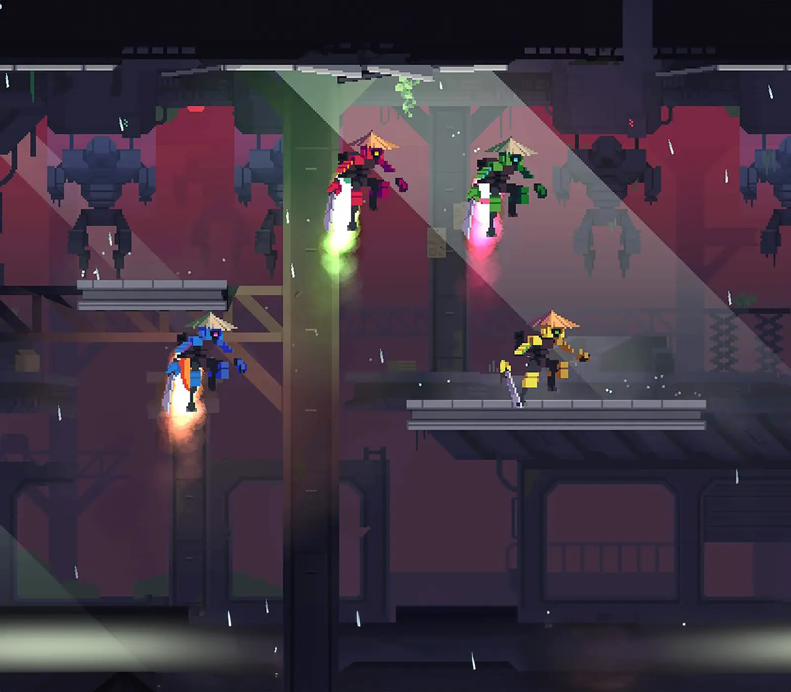 2D game art of four ninja robots, three of which are hovering with jetpacks.