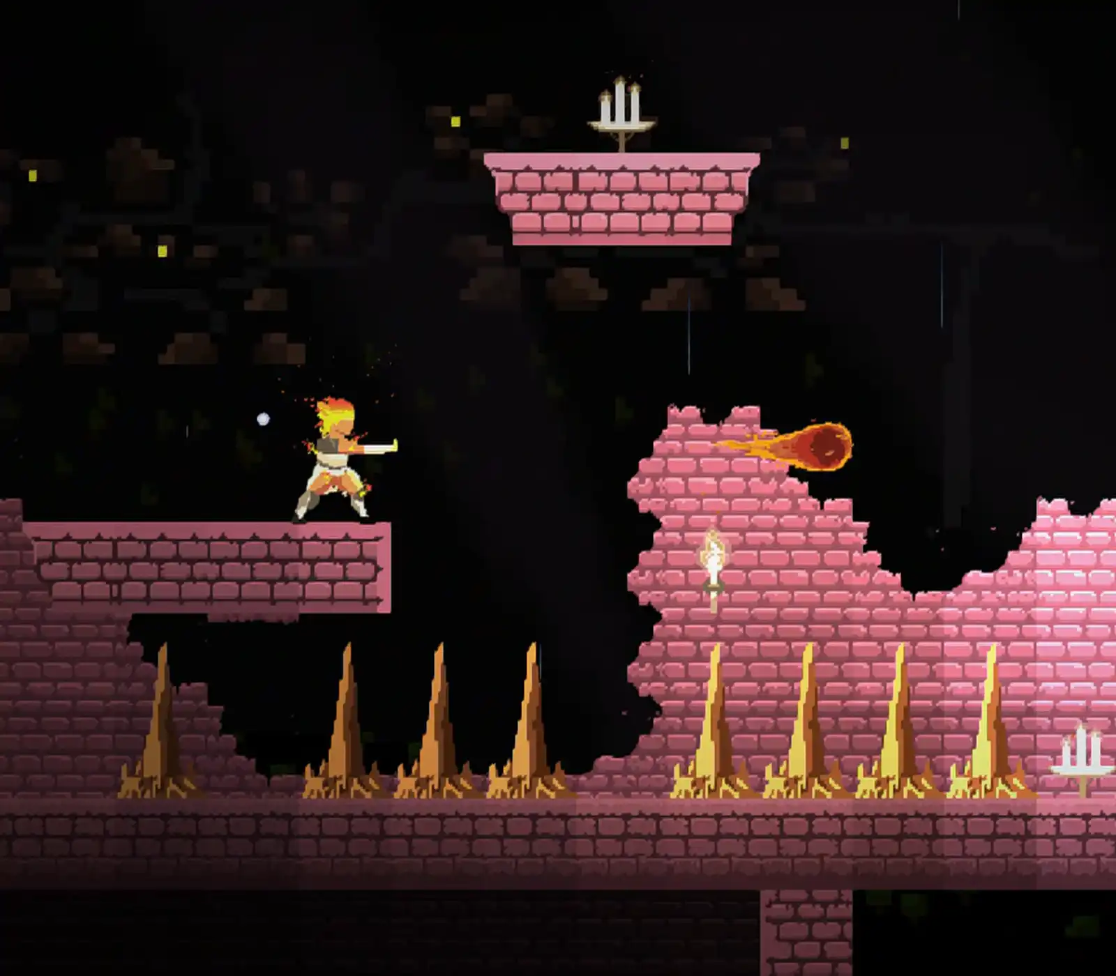 A character uses a fire power-up to blast a fireball in DigiPen student game Elemental Surge.