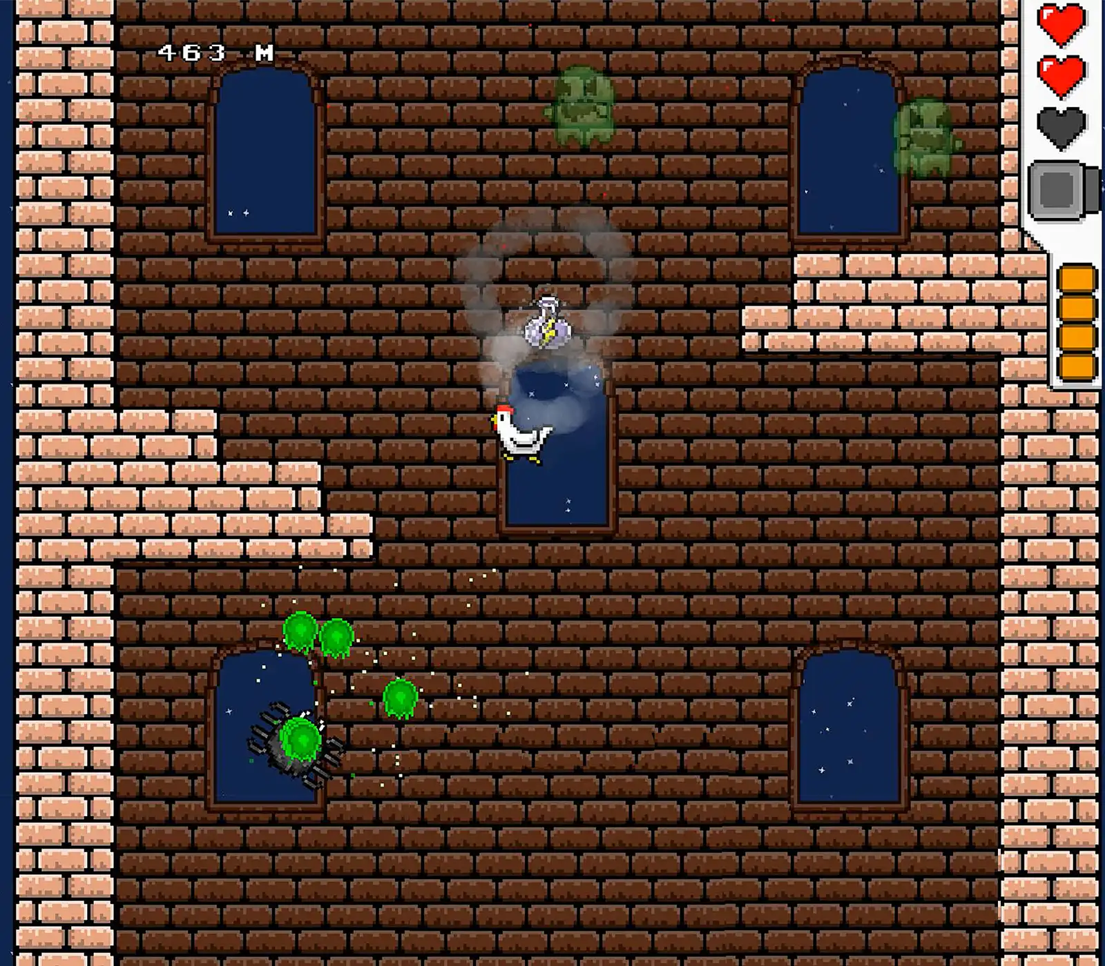 A chicken hops to a brick platform as it ascends a tower in DigiPen student game Fowl Magic.