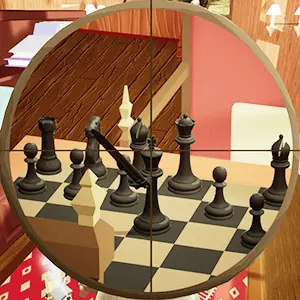 First-person view of a crosshair aiming at a chess piece on a chess board.