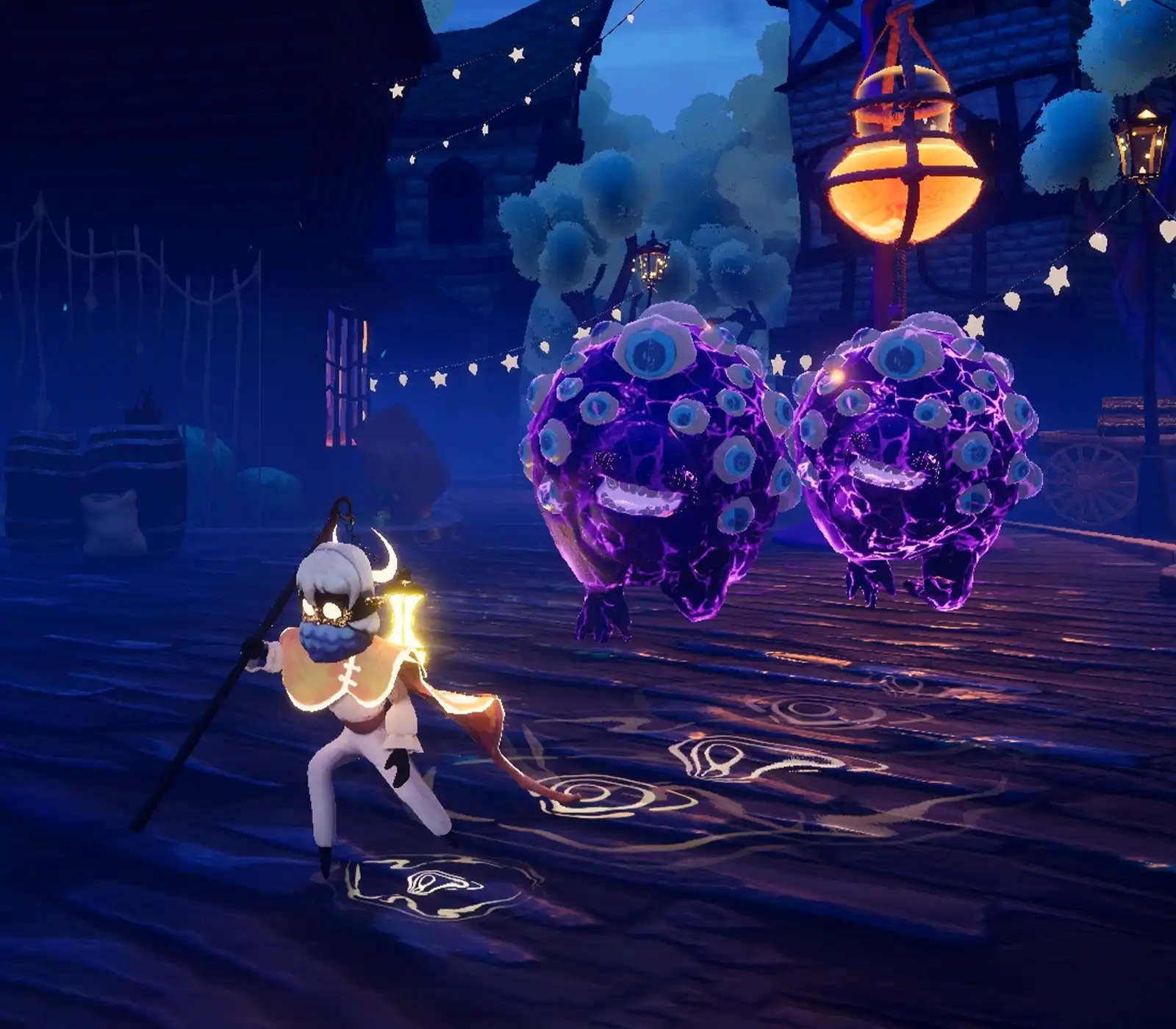 A glowing character runs away from purple monsters in DigiPen student game Knight Light.