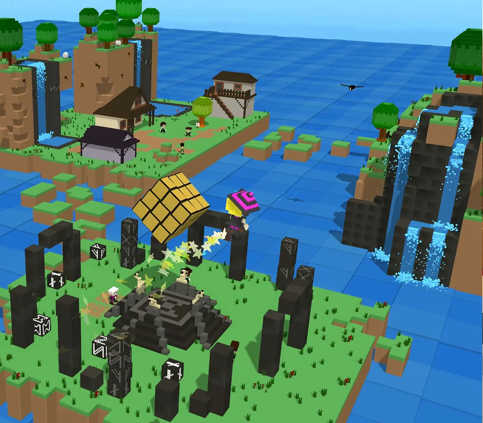 An overhead view of a blocky 3D game world featuring an ocean, temple, house, trees, and a floating Rubik's cube.