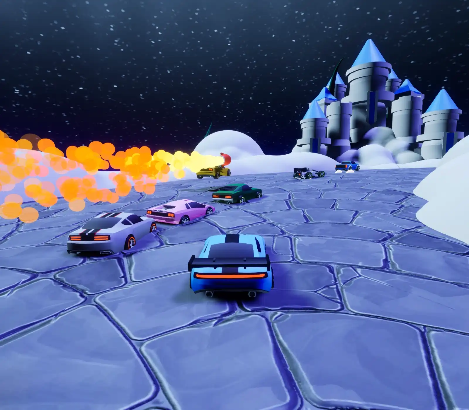 Cars race along a paved path on clouds in the night sky in DigiPen student game Nitro Battle Racing.