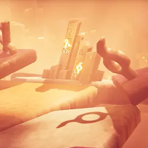 First-person view of a neon bow aimed at a robot.