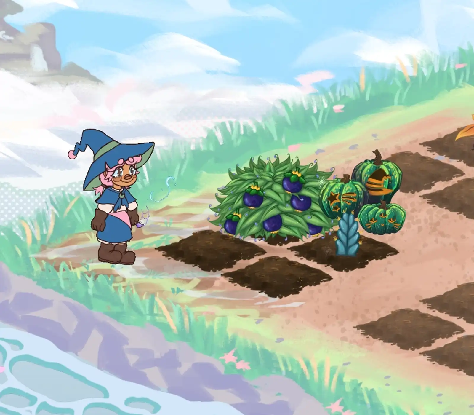 A character watches plants grow in DigiPen student game Witch Hazel.