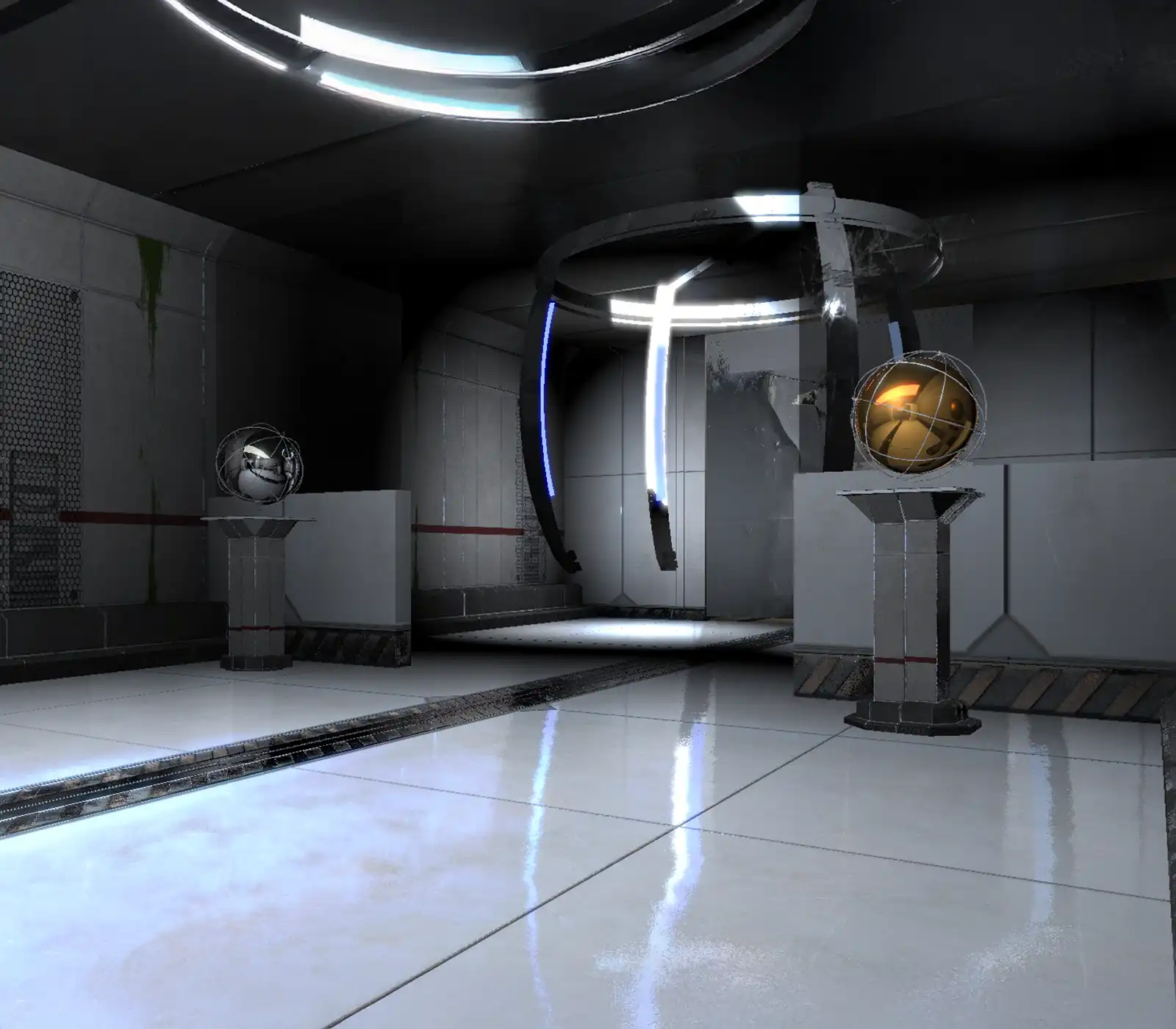 A metallic room houses two floating metal orbs a device bathed in light.