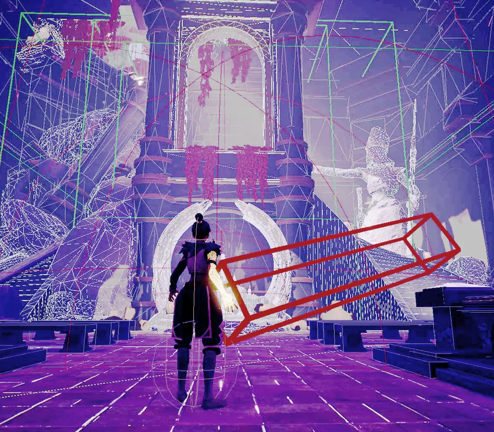 A third-person view of a game character in front of a wireframe level.