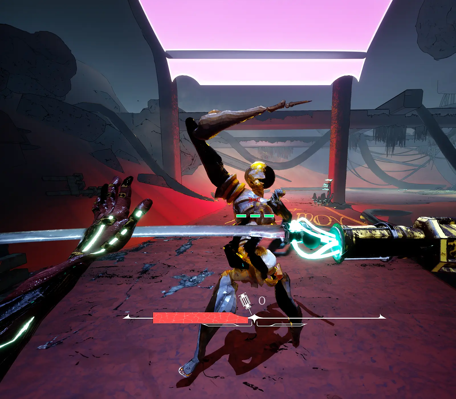 A first person view of a game character blocking with their sword against an incoming enemy attack.