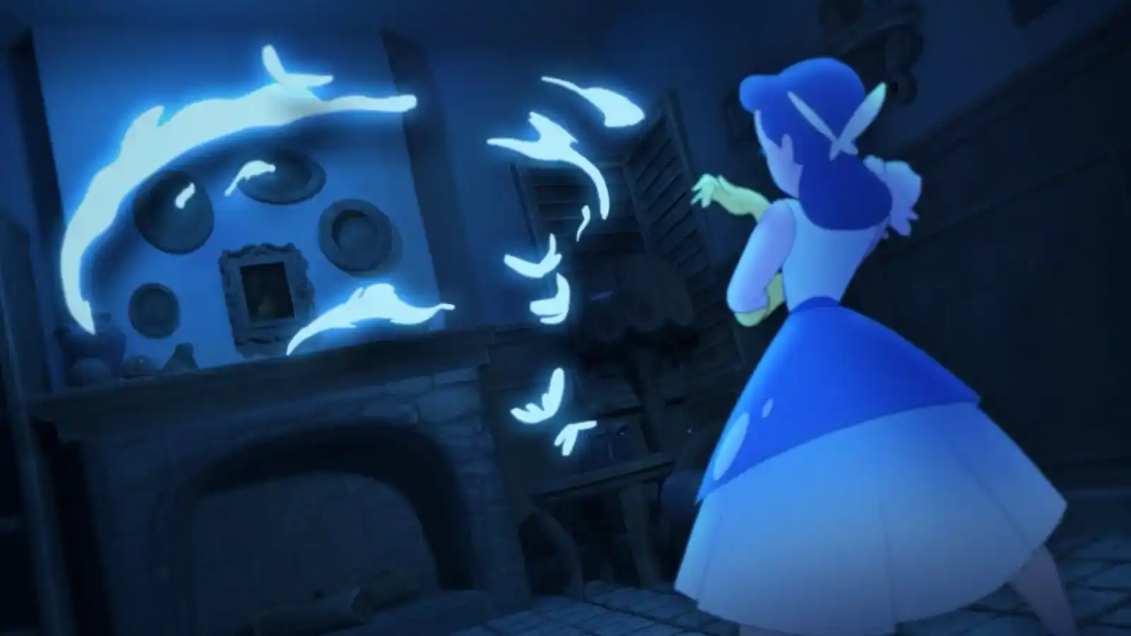 A young woman in a dark blue room looks on as strange lights swirl around a fireplace mantel.