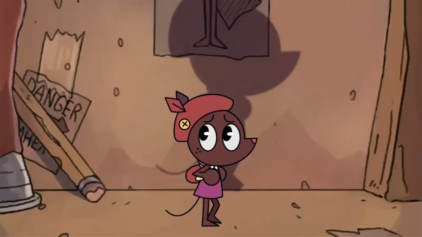 A little mouse girl nervously walking down an alleyway.