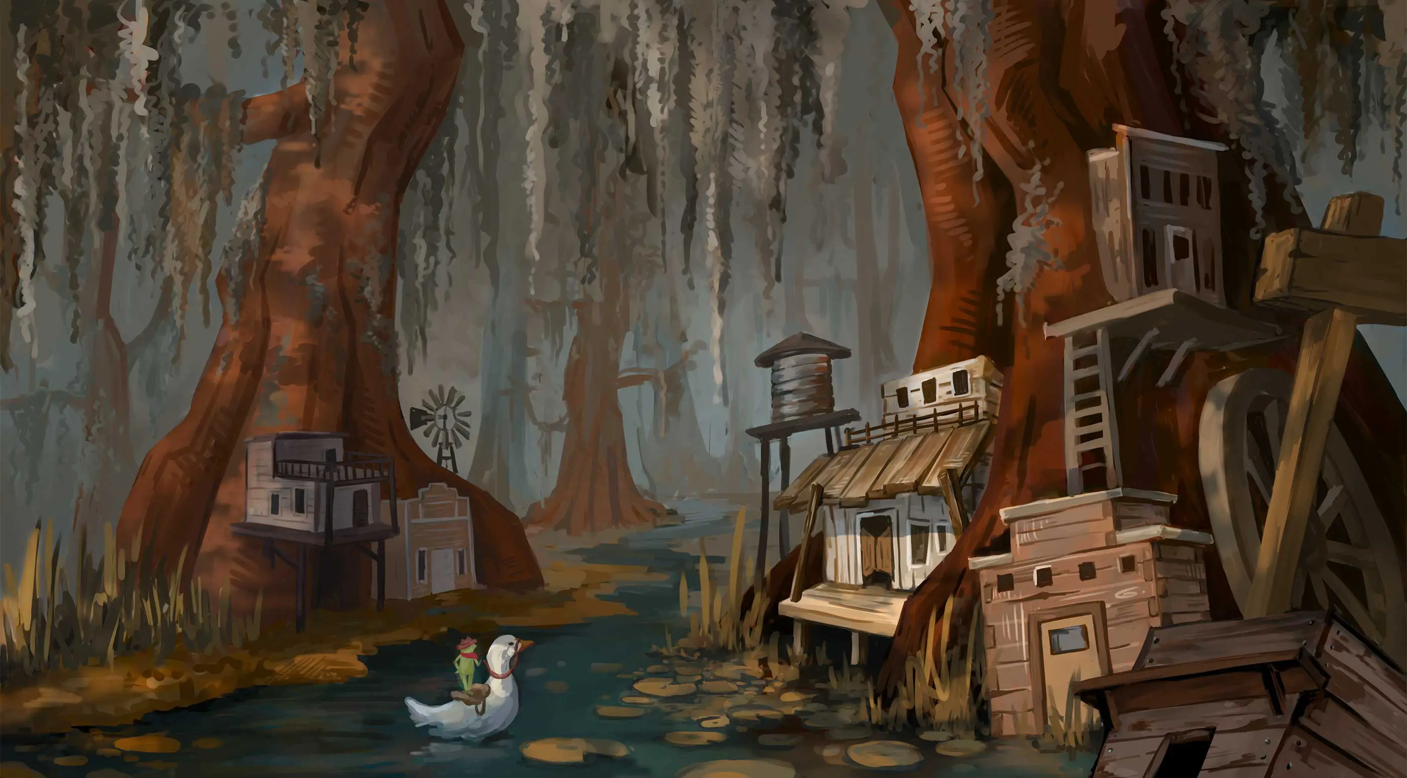 A painting of an old-west style village within a swamp.