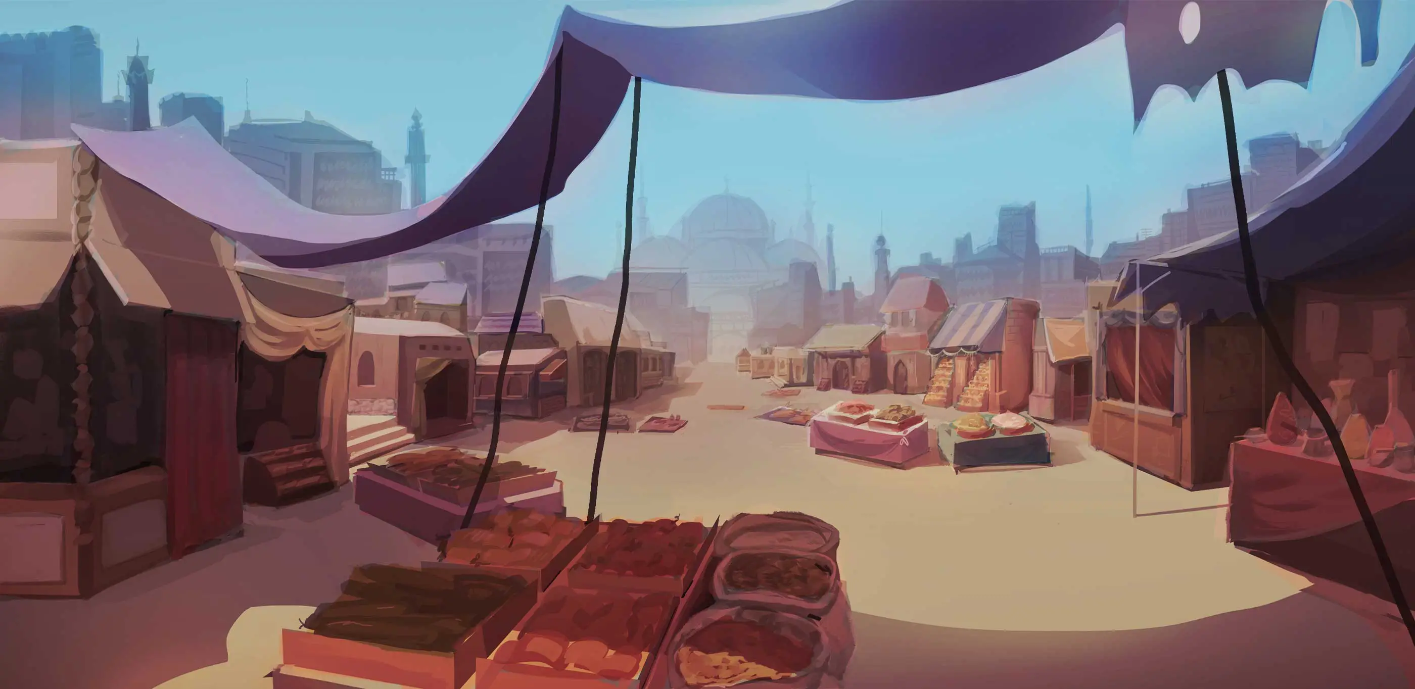 A painting of a market in a desert city.