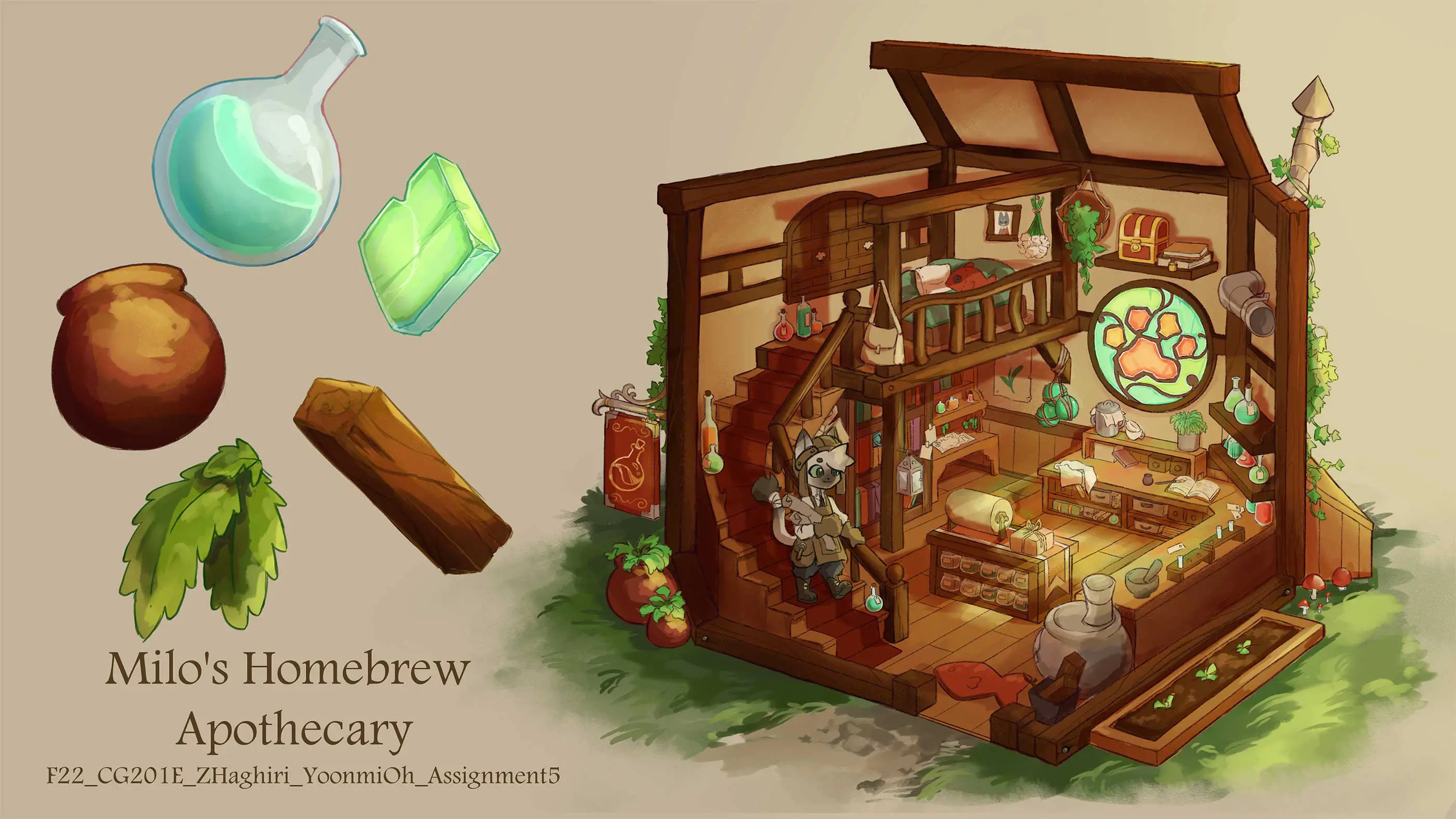 A drawing of a diorama of a fantasy apothecary.