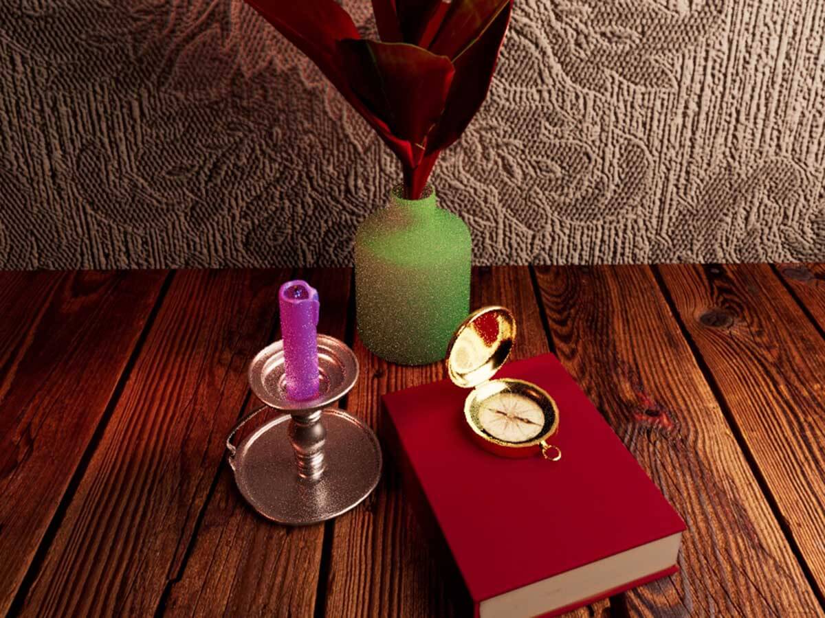 3D model of a plant, candle, book, and compass.