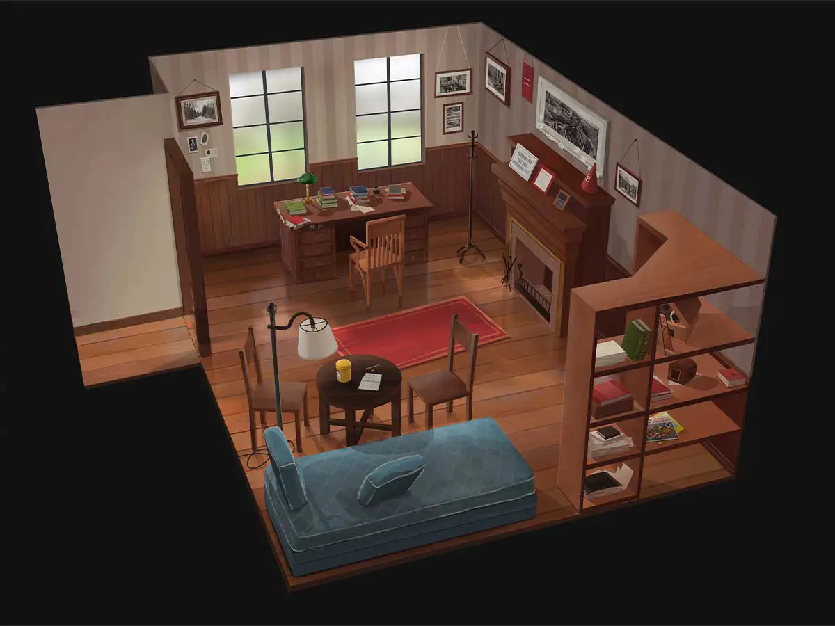 A diorama of a dorm room interior.