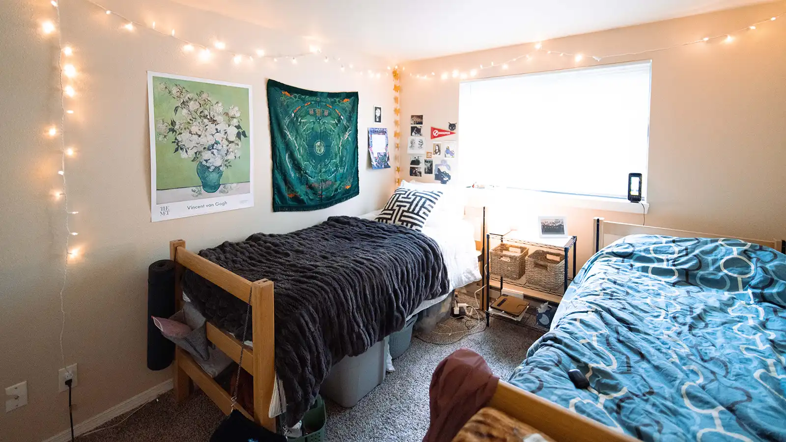 Two single beds in a student housing bedroom.