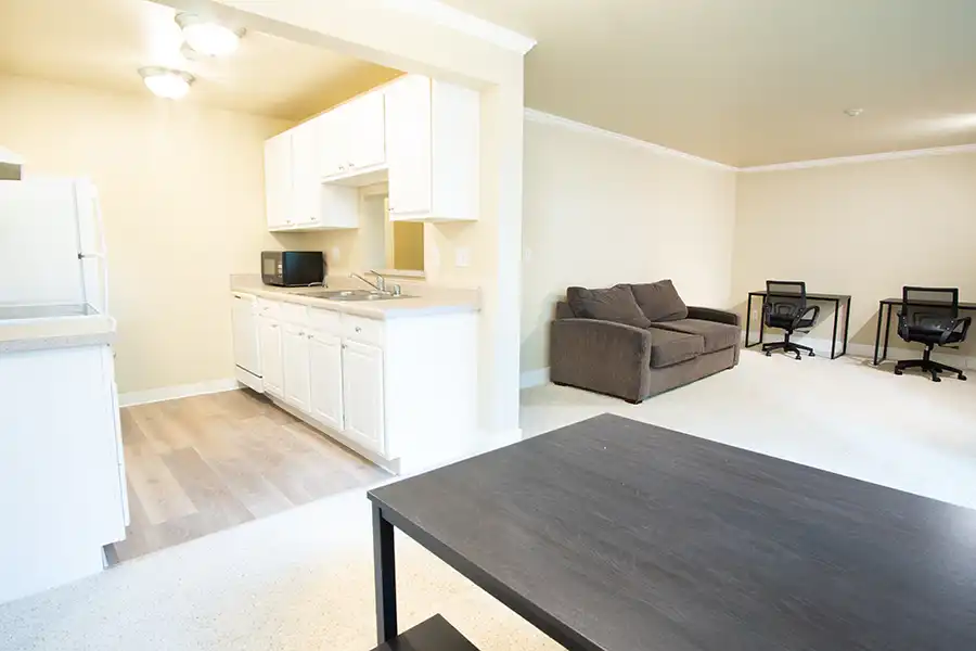 View of kitchen and living room.