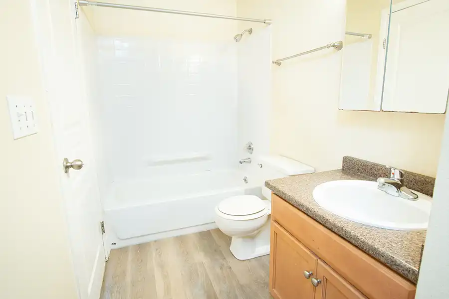 Bathroom with shower, sink, and toilet.