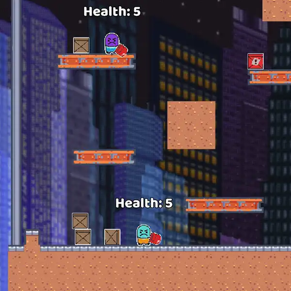 Four combatants stand on spread out platforms in a cityscape at night.