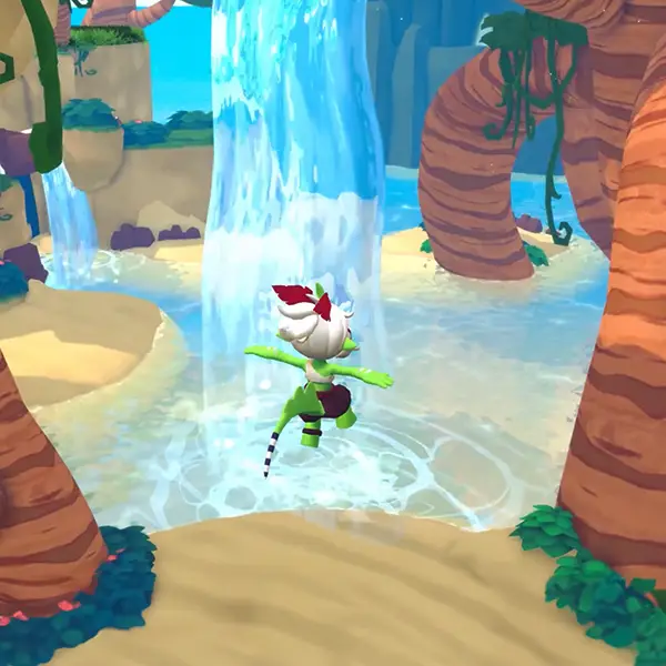 Character Basil jumps towards a waterfall.