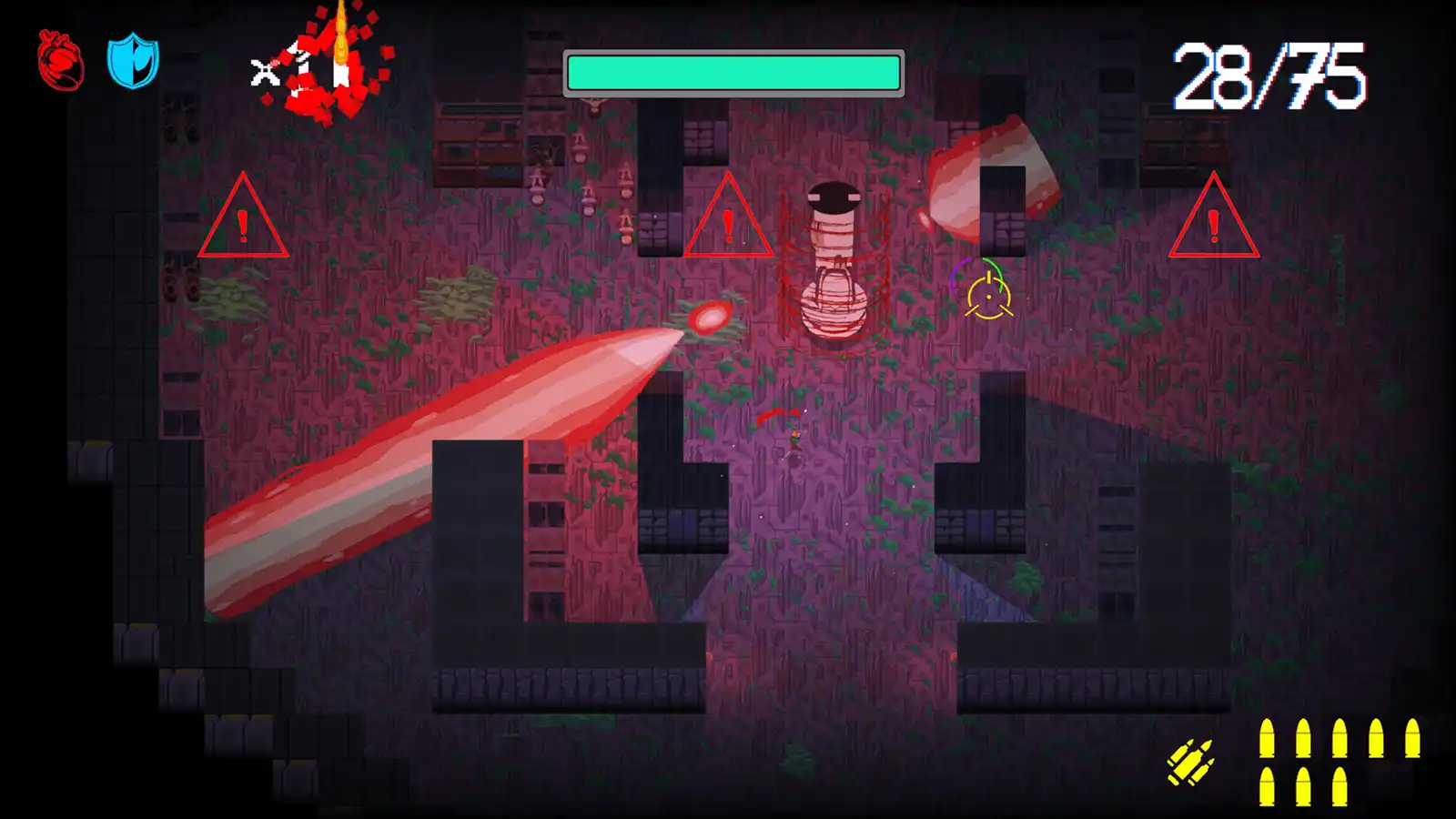 A large machine shoots beams of energy at the player.