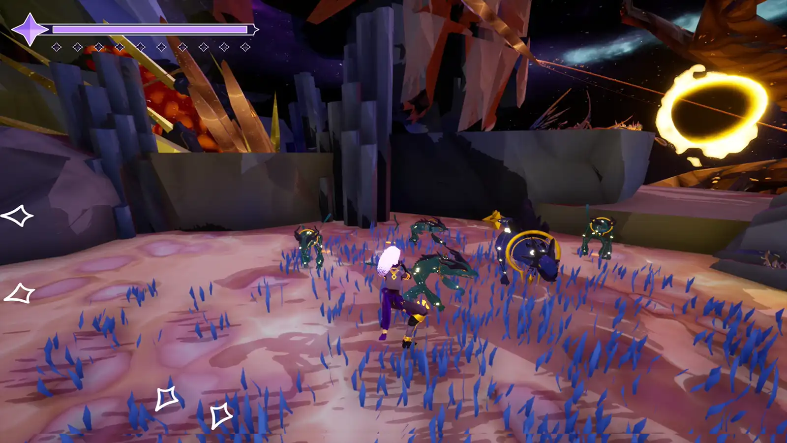 A person stands within a group of multiple glowing enemy creatures.