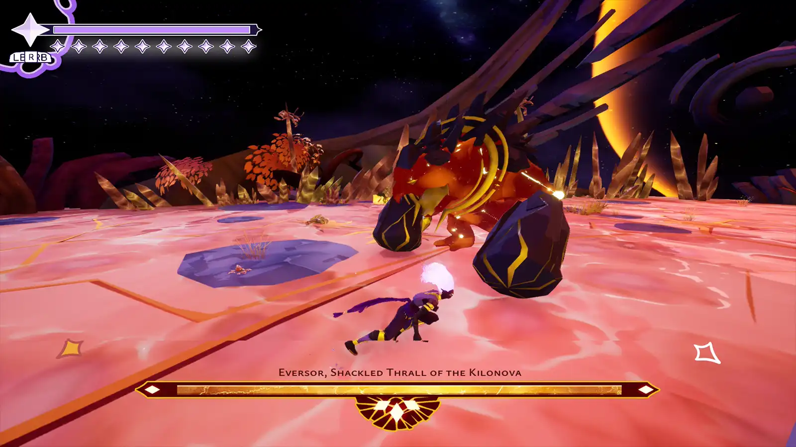 A person dodges an attack from a large rock covered creature.