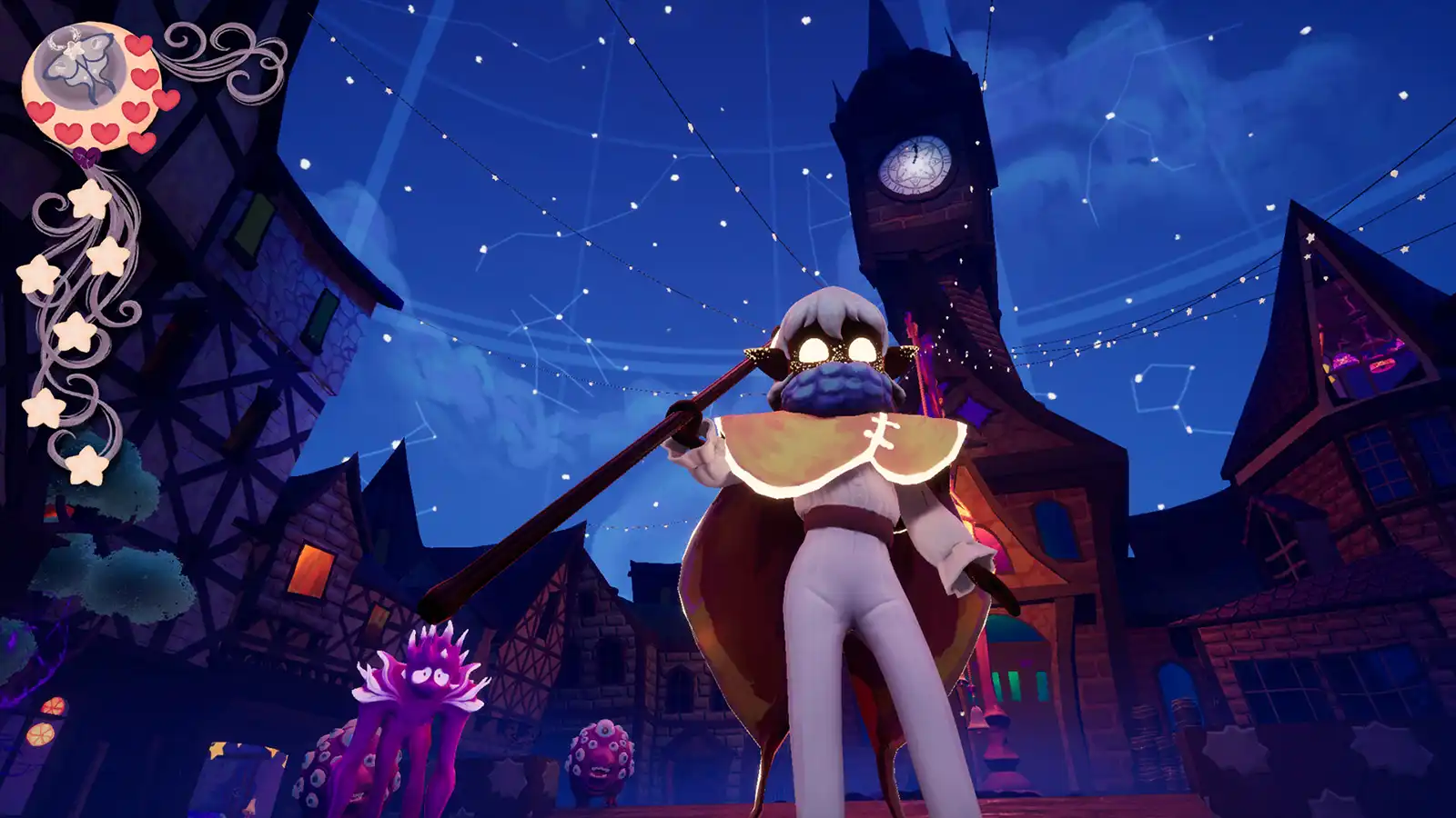A diety protagonist holds a staff in front of a victorian clock tower.